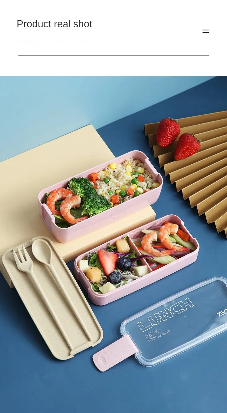 Wheat Straw Lunch Box ，Stackable Bento Box Microwave Dinnerware Food Storage Container with Spoon Fork For Student Work，2 Layer