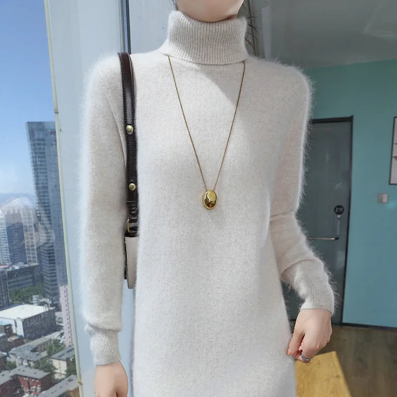 New Hot Selling 100% Mink Cashmere Knitted Women's High Neck Pullover Dress Sweater Slim Fit Solid Color Long Women's Dress