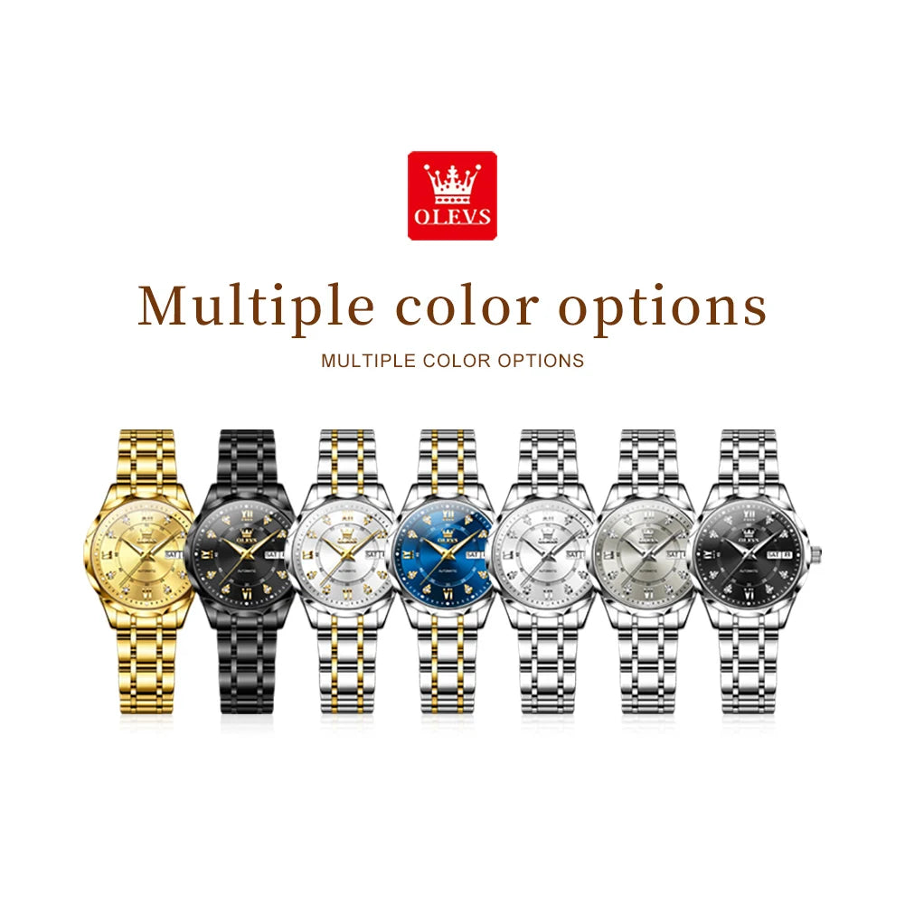 OLEVS 6727 Women's Watches Elegant Fashion Original Automatic Mechanical Watch for Lady Grey Double Scale Dial Waterproof Date