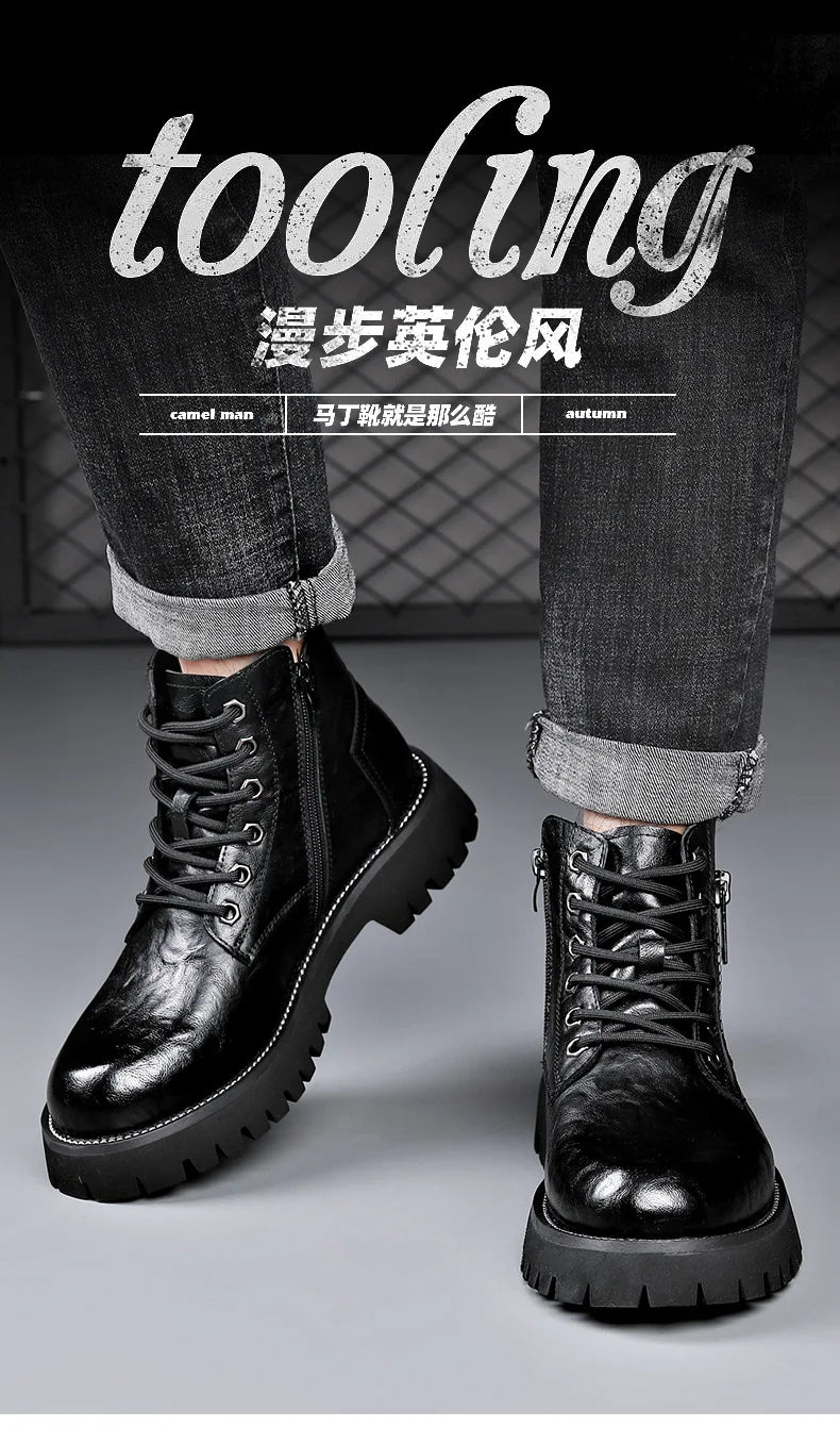 2025 autumn and winter boots men's British style versatile high top leather shoes workwear snow leather boots men's short boots