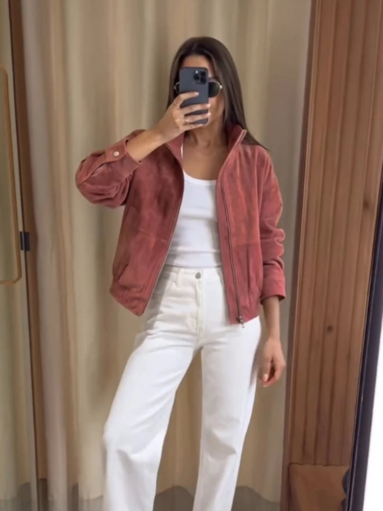 Women Dusty Faux Suede Bomber Jacket Stand Collar Zip Up Loose Drop Shoulder Elastic Hem Casual Fall Outerwear 2026 Fashion Coat