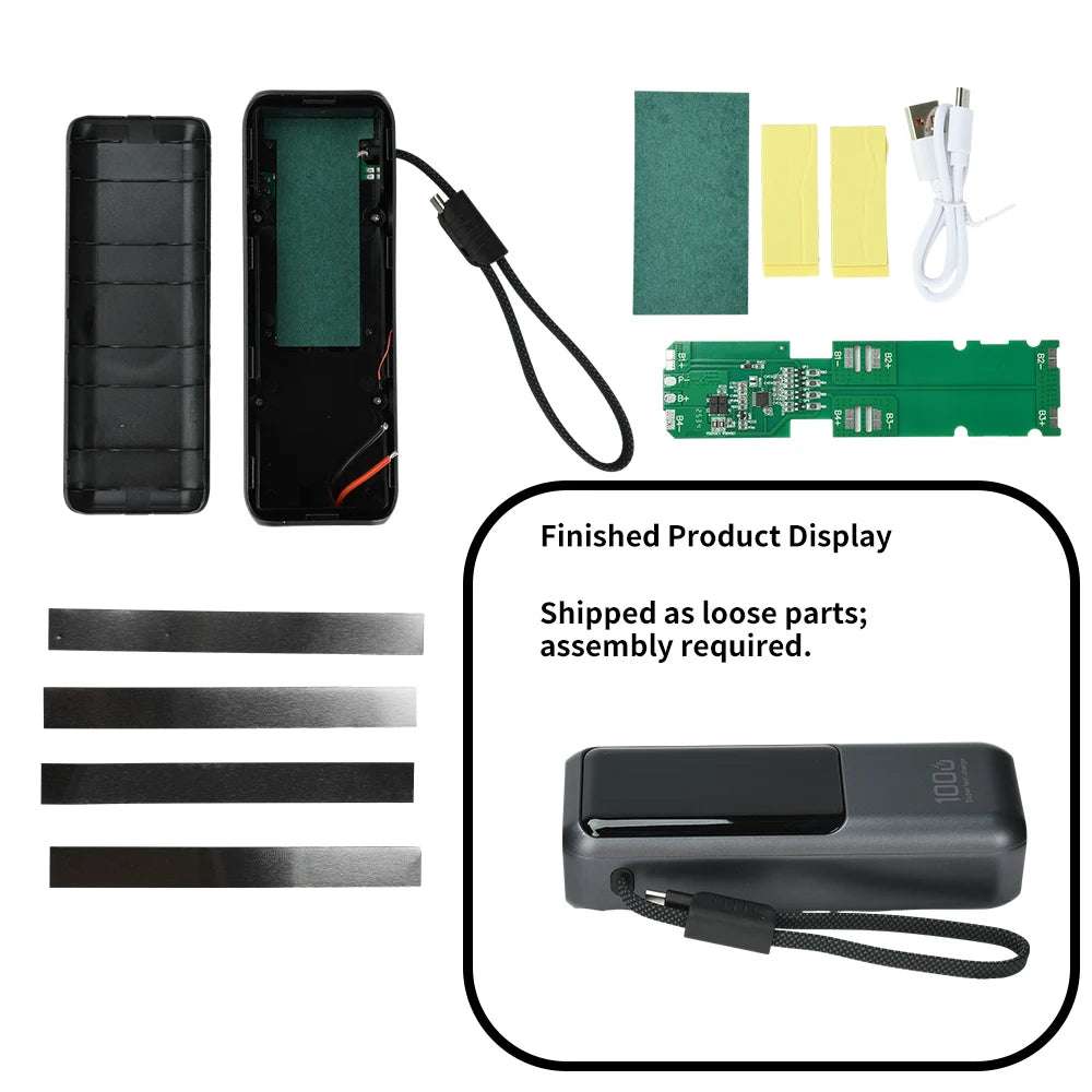 High-Power PD 100W Fast Charging with Built-in Cable Power Bank DIY Kit 4-Cell 21700 Battery Case Gray Power Bank Housing
