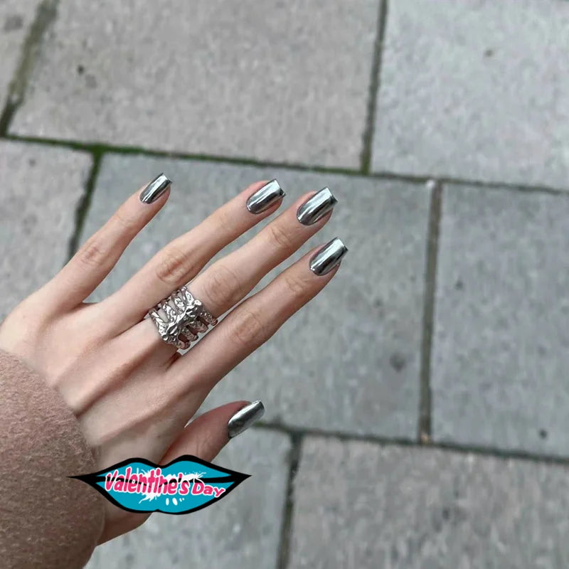 10PCS Metal Handmade Press on Nails Acrylic Magic Full Cover Fake Nails Reusable Adhesive Silver Artificial Cool Manicure Art