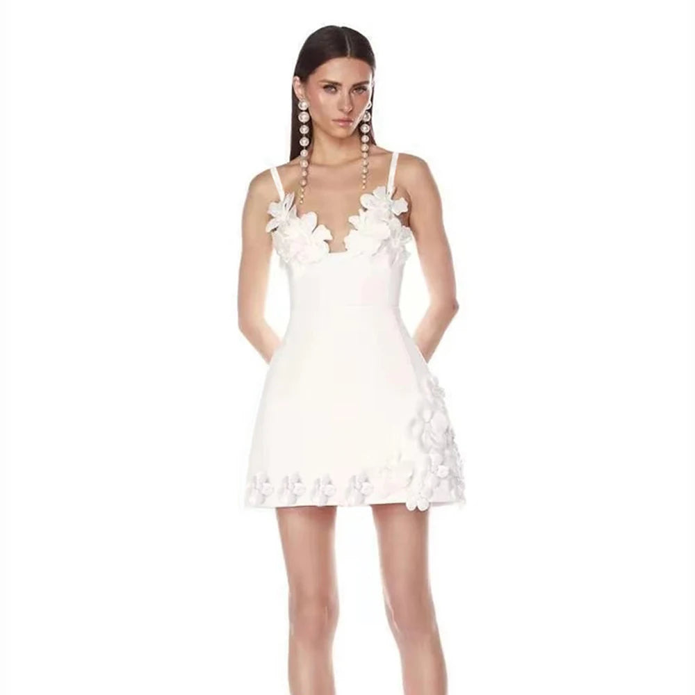 Women Simple 3D Floral Appliques Spaghetti Strap Bandage Dresses Deep V-Neck Backless Club Party Mini Dress