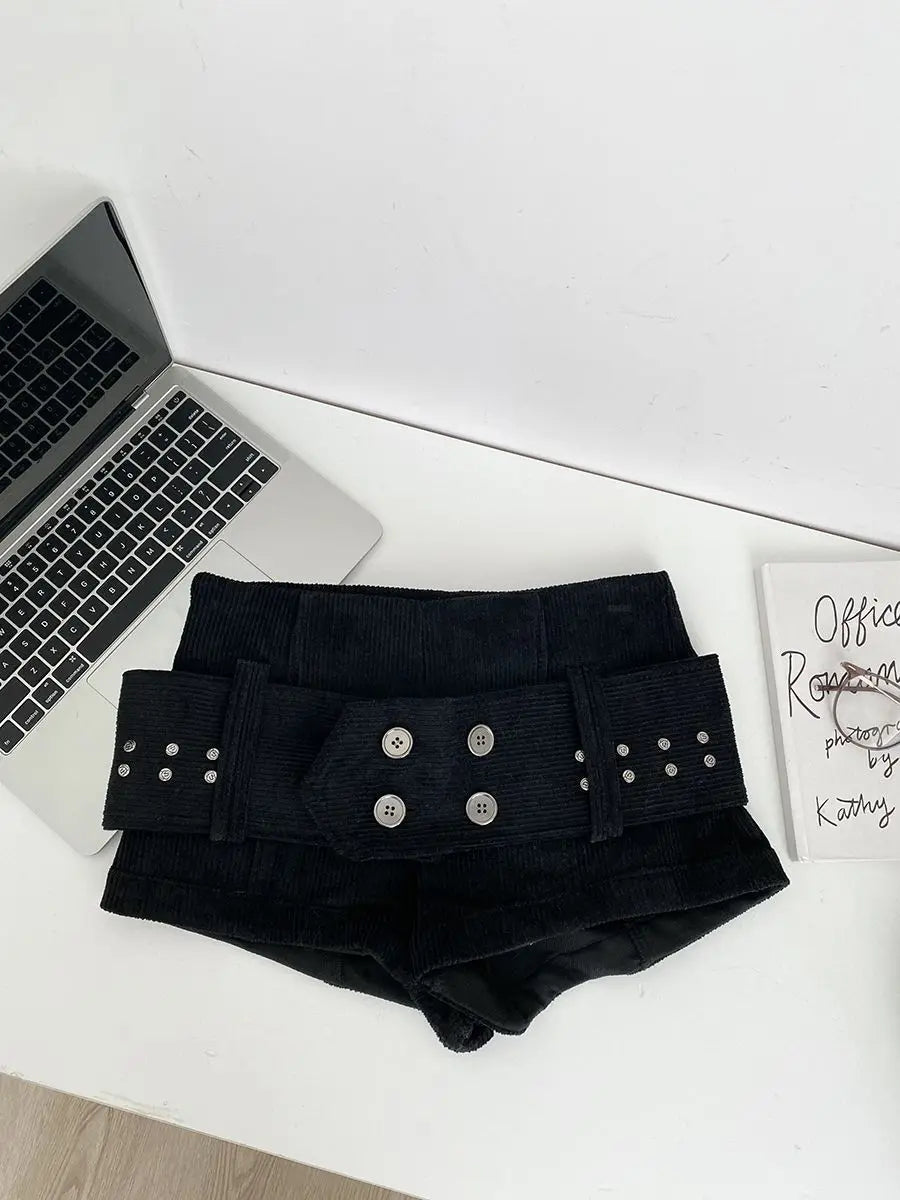 Retro Belt Low Waist Corduroy Shorts Women 2026 New Spice Girl Casual Y2k Shorts