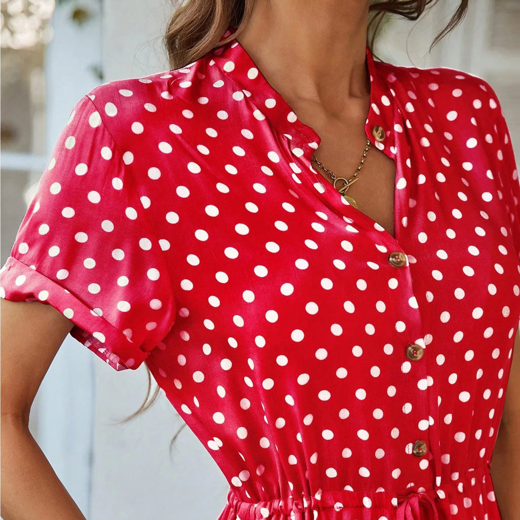 Elegant retro polka dot dress Women's Summer Midi Dress V Neck Single Breasted Short Sleeve Dresses Fashion Print Dress