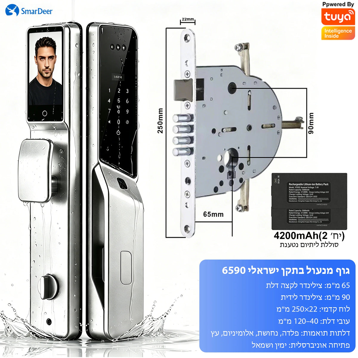 SmarDeer 6590 Israeli Standard Mortise Smart Lock, Tuya WiFi 3D Face Palm Vein Lock, IP66 Waterproof Hebrew Support