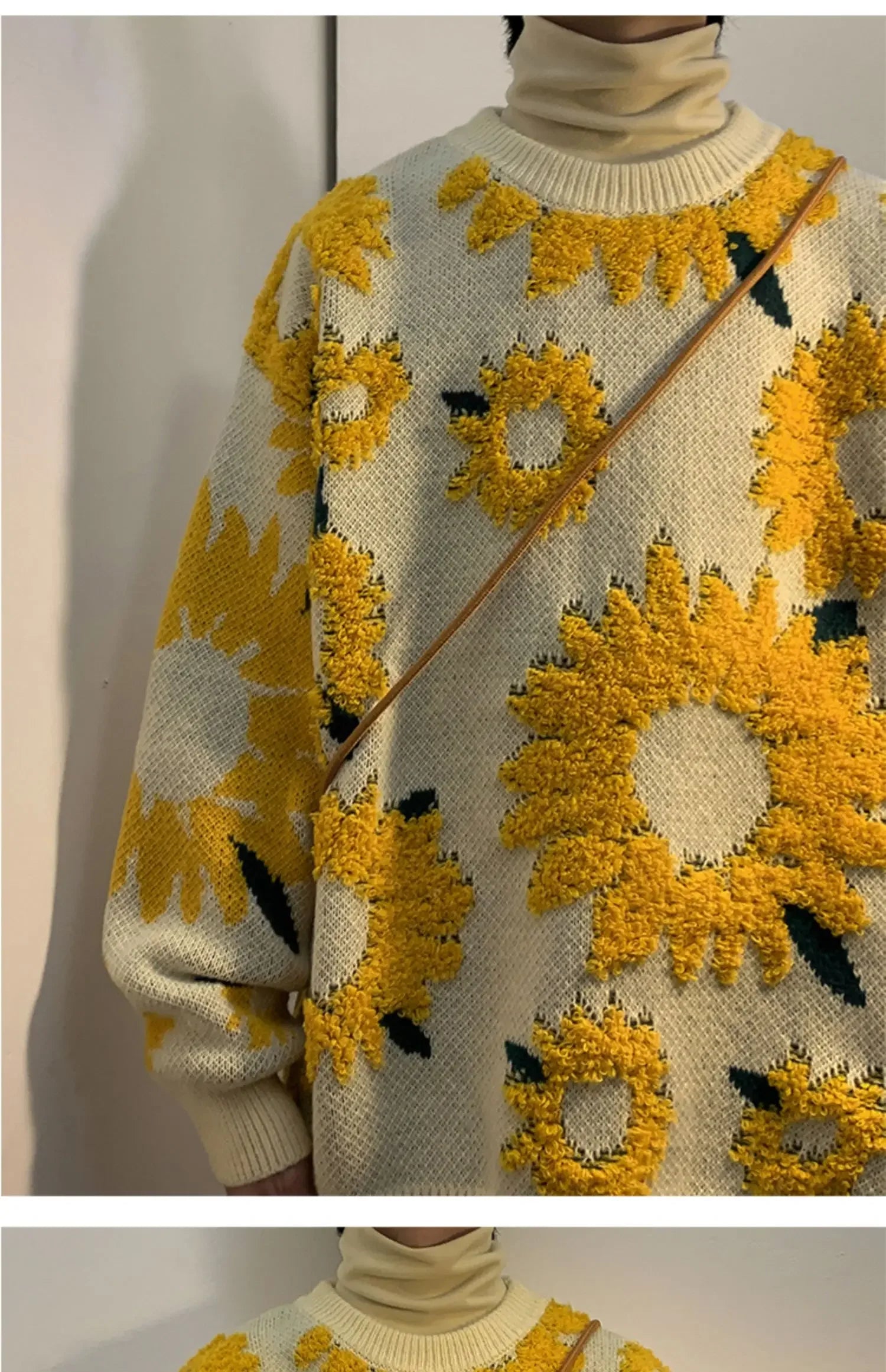 Flocking Floral Sweaters Men Baggy Spring Autumn Japanese Style Retro   High Street Harajuku Knitwear Slouchy Ins