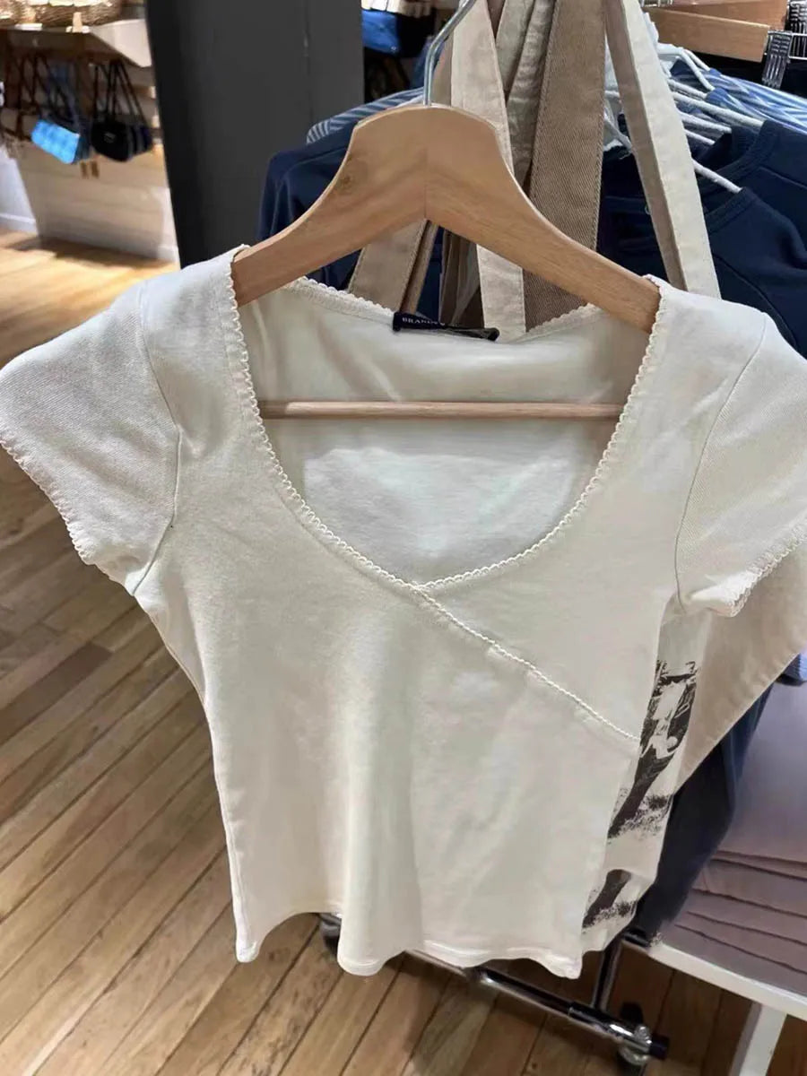Vintage Slim Fit Cotton T-Shirt Summer V-Neck Streetwear 2025 Femme Sweet Cute Y2K Style Simple Top for Women