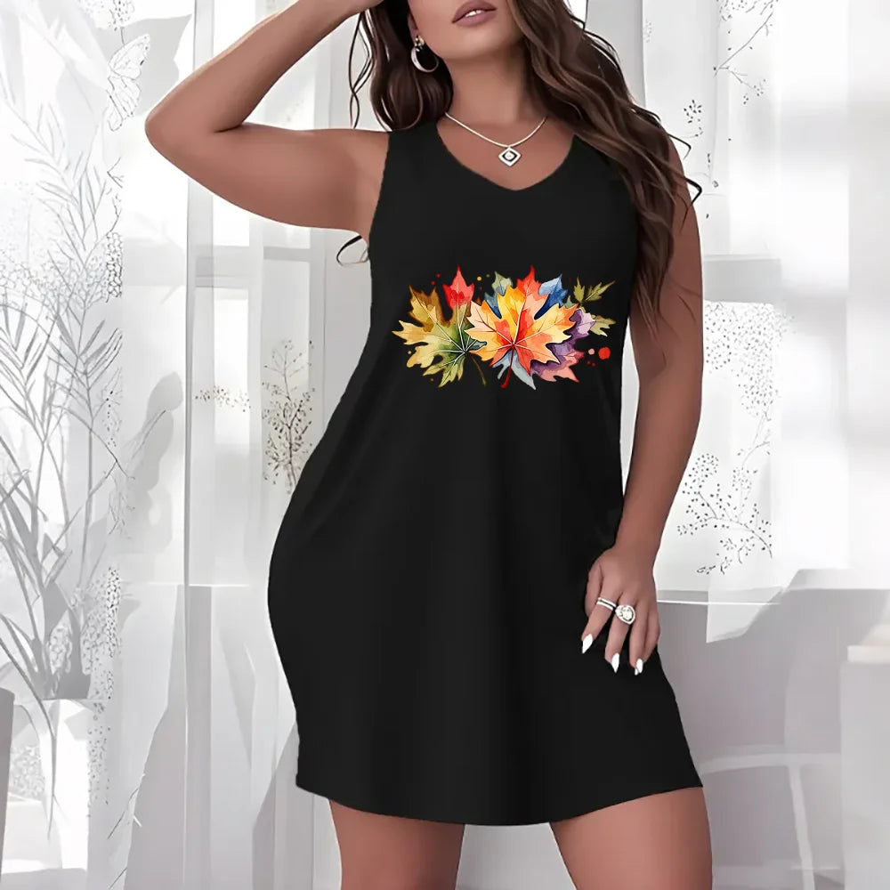 Autumn Fall Theme Women Plus Size Sleeveless Dress Maple Leaf Pumpkin Tree Heart Print Loose Casual Home Vacation Lounge Dress