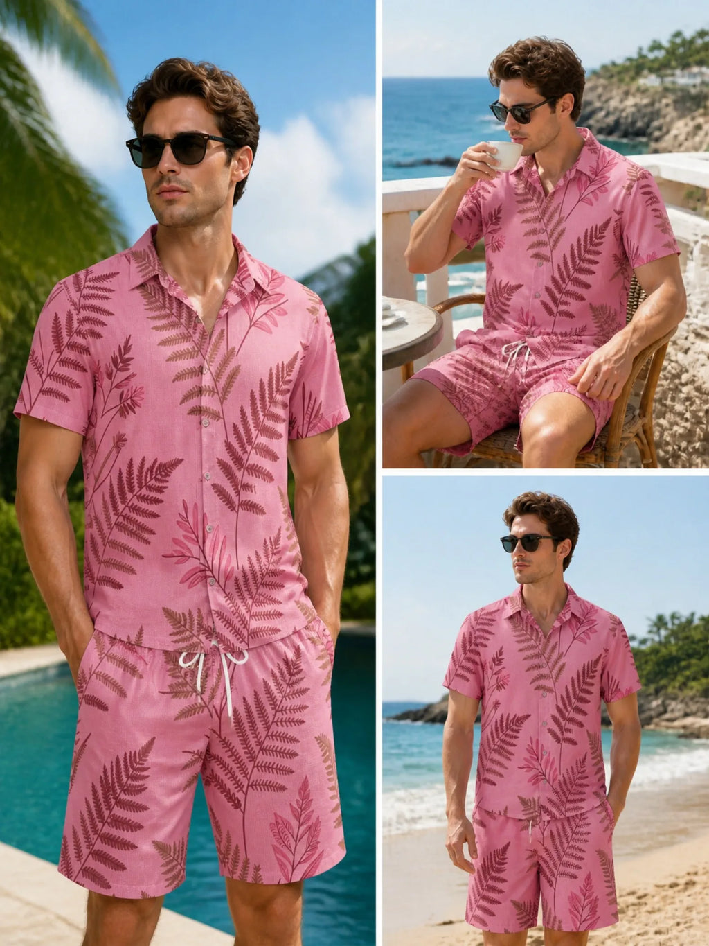 Mens Floral Short Sleeve Shirt and Drawstring Shorts Set Beach Vacation Relaxed Summer Two Piece Weekend Beach Outfit Travelwear