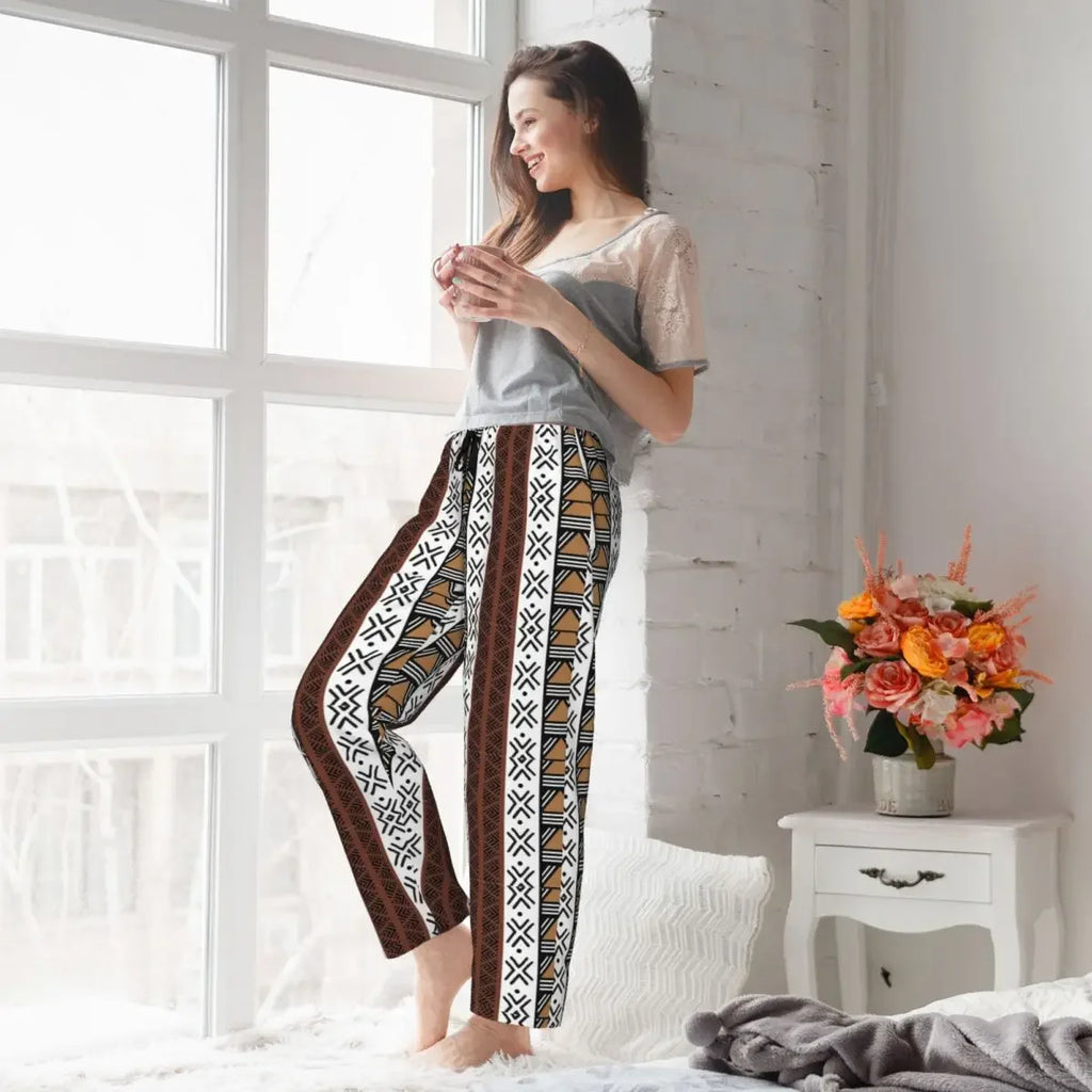 Custom African Tribal Bogolan Pattern Women Pajama Pants Lounge Sleep Sleepwear Bottoms with Pockets