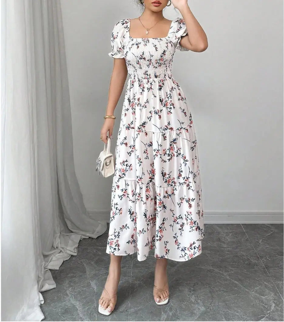Spring and Autumn Women's Square Neck Short Sleeve Long Skirt Fresh Printed Casual Fashion Slight Backless Temperament Dress