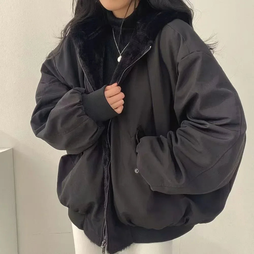 winter retro american woolen collar hooded cotton jacket thick plush top men street hip hop gothic harajuku oversize jacket coat