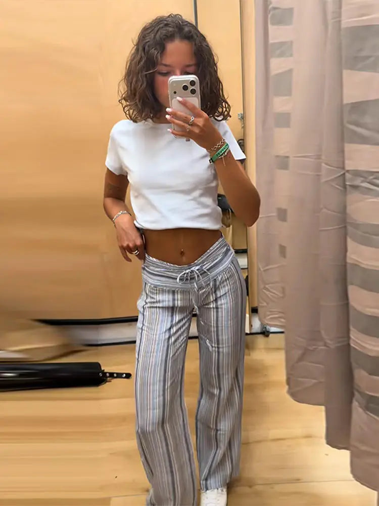Color Vertical Stripe Women's Wide Leg Pants Folded Wide Waistband Side Thin Drawstring Tie Relaxed Drape Length Casual Pants
