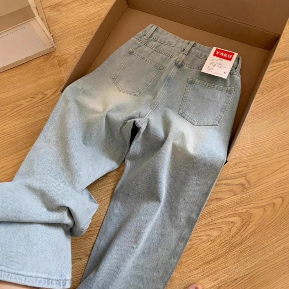 Women's Spring Summer New Slimming High Waist Shiny Star Rhinestone Denim Pants Wide Leg Trendy Jeans High Waist Button Decor