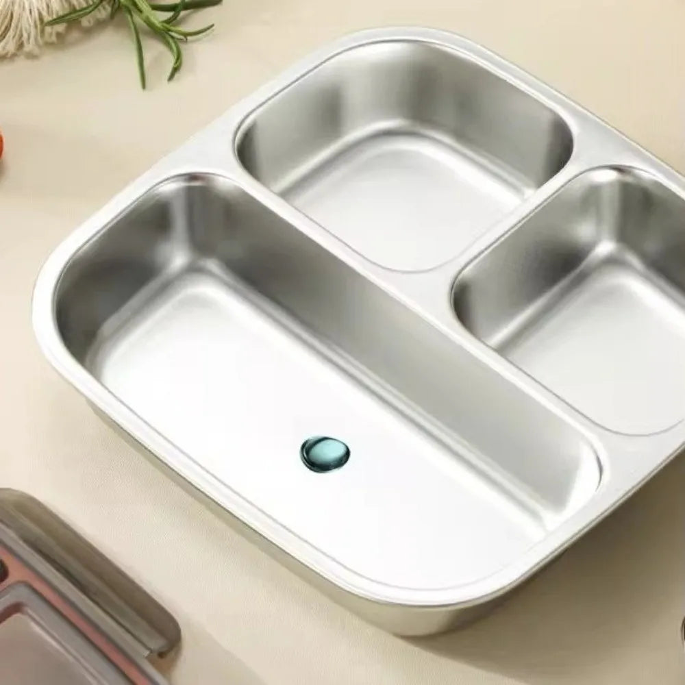 3/ 4 Grids Stainless Steel Lunch Box Reusable Sealed Food Container Leak Proof 600ml Capacity Student Meal Plate Microwave Oven