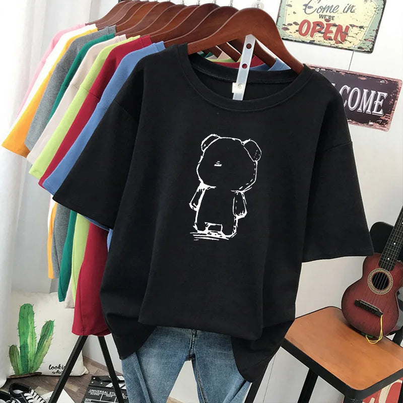 plus Size Women's Cotton T-Shirt Loose Fit Short Sleeve round Neck Print Design Comfortable Casual Style Korean Fashion