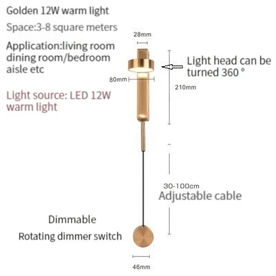 Nordic Modern LED wall lamp Gold Black Rotation Dimming Switch Wall Light With plug Fixture Bathroom Bedroom 360° Rotate Sconces