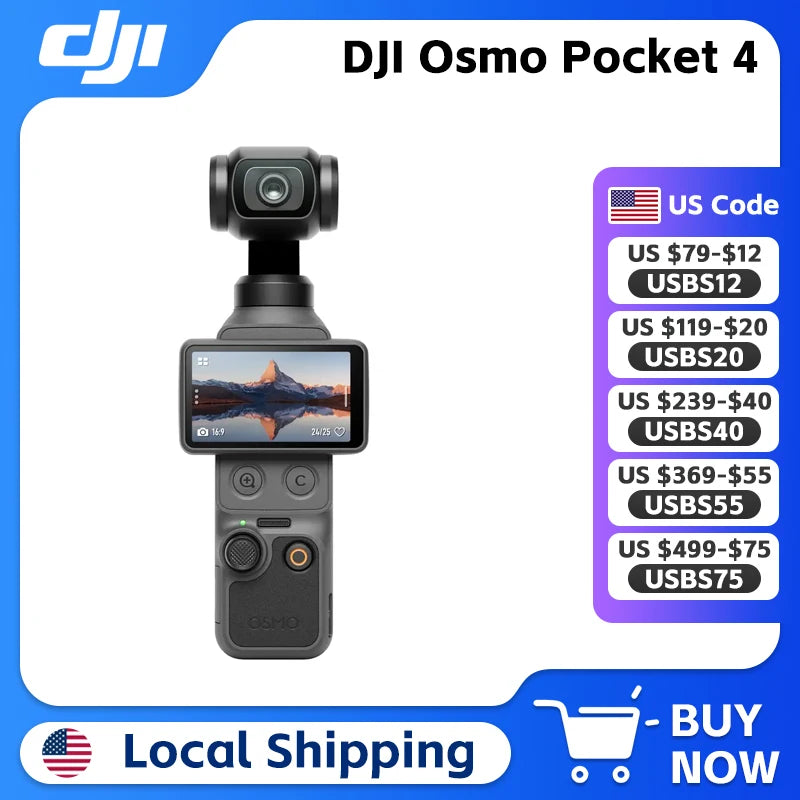 DJI Osmo Pocket 4 Camera 1" CMOS & 4K/240fps 2× Lossless Zoom 3-Axis Stabilization 107GB Built-In Storage & 800MB/s Transfer