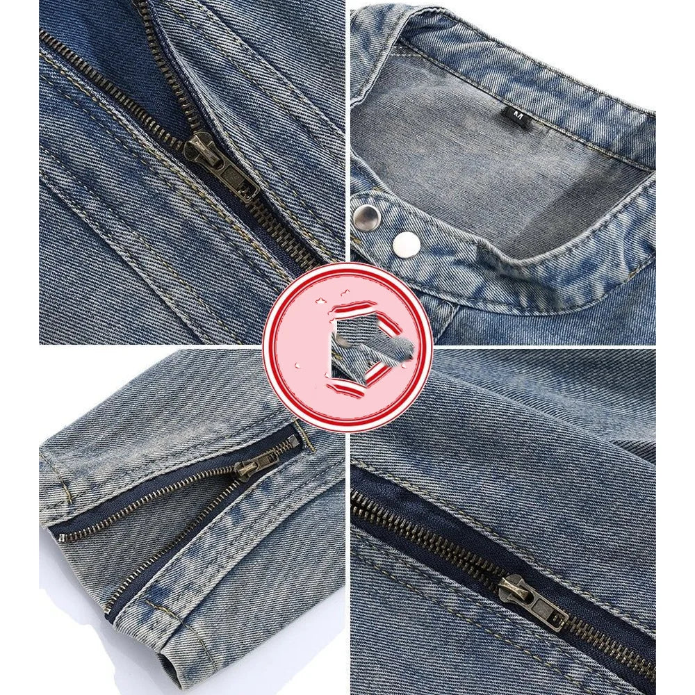 Men Denim Jacket Round Neck Zip Up Slim Fit Washed Vintage Casual Biker Jean Jacket Streetwear Outerwear 2026 New
