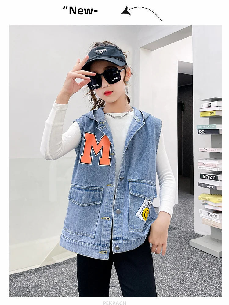 Korean Kids Vintage Hoodies Denim Vest For Girls Casual Streetwear Clothing Teens Child Hooded Denim Waistcoat Jacket Outfits