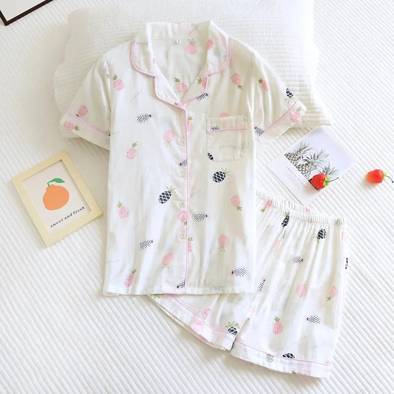 Japanese simple short pyjamas women 100% cotton short sleeves ladies pajama sets shorts Cute cartoon sleepwear women homewear