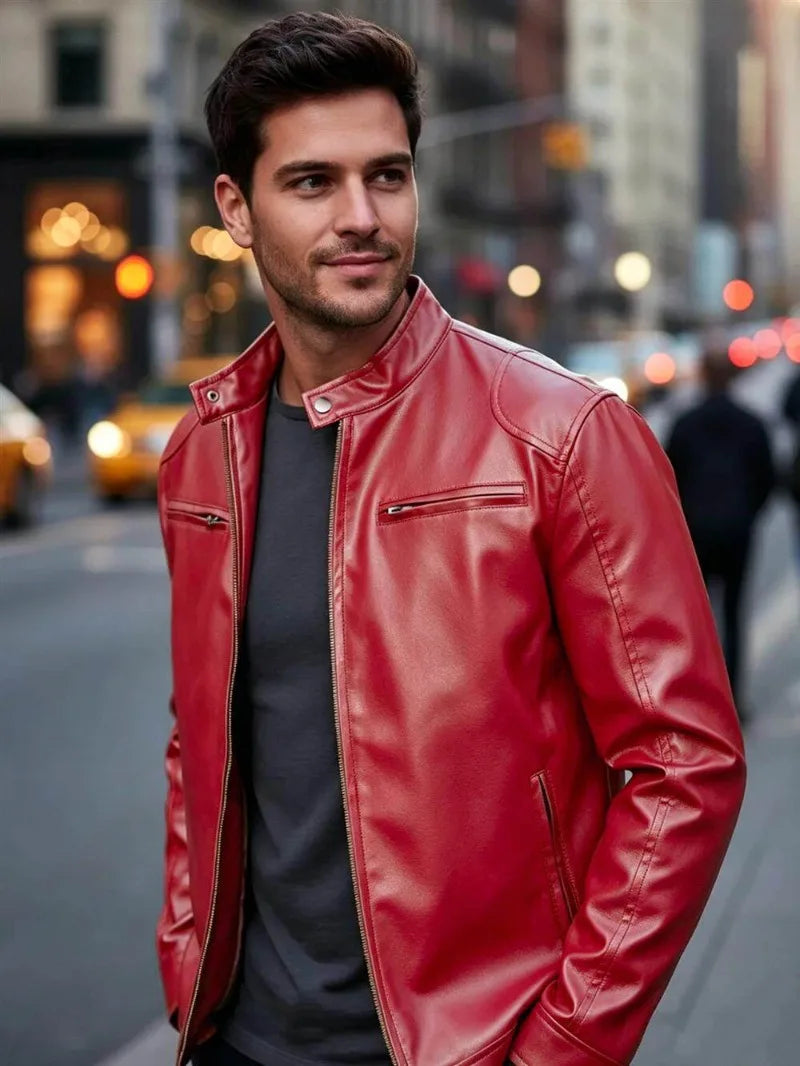 Men's PU leather jacket stand-up collar slim-fit vintage-style biker jacket spring/fall top