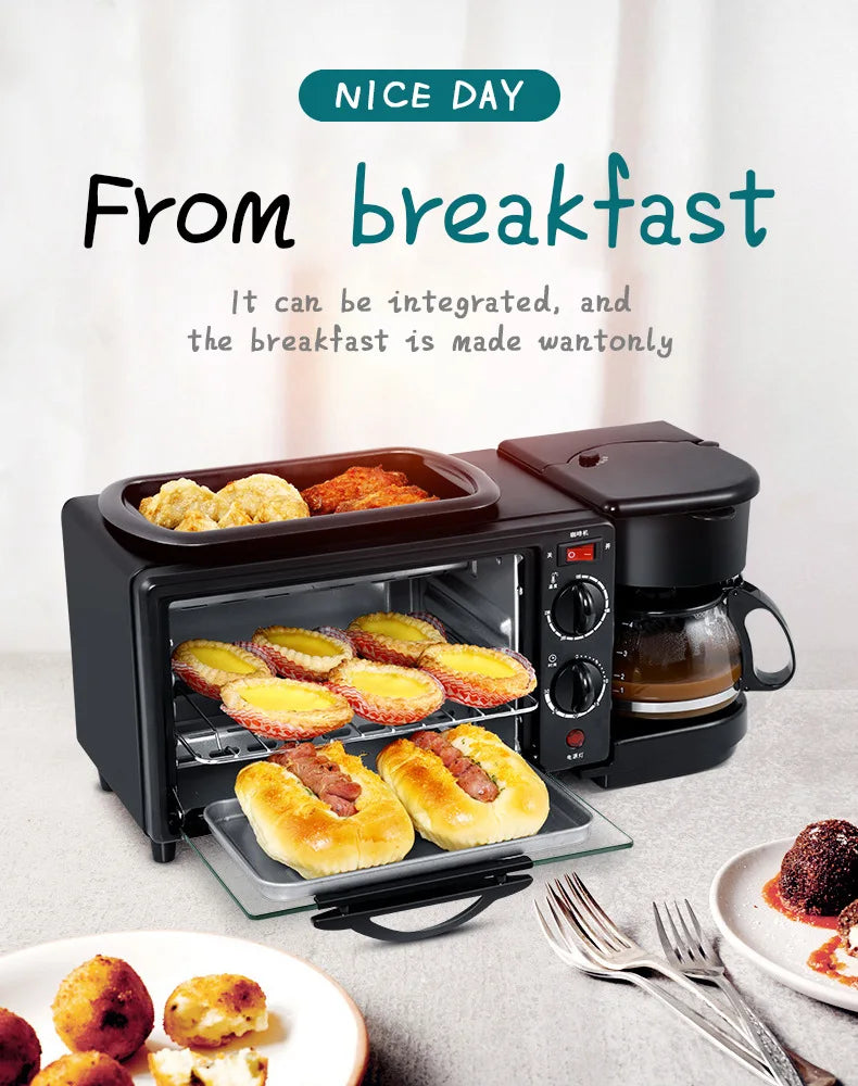 Multi Function 3in1 Breakfast Maker Electric Bread Roast Oven Steaming Coffee Pot Frying Fan In One Machine Kitchen Appliances