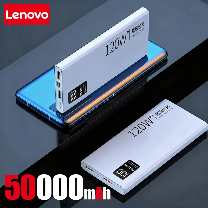 Lenovo 50000mAh 120w Fast Charging  External Battery High Capacity Power Bank Portable Digital Display Charger For Xiaomi