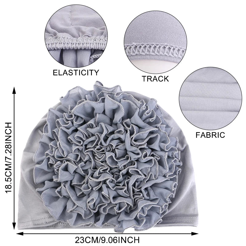 New breathable chiffon hat with large flowers Solid color thin bottom cap Islamic Head Wrap Women's elastic anti hair loss hat