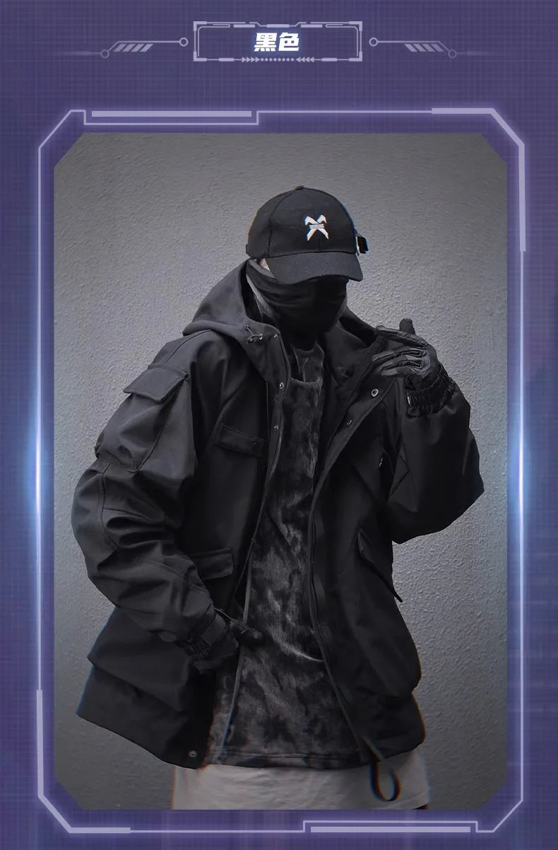 Spring New 2025 Outdoor Hardshell Jacket Men's Loose Punk Style High Street Stand Collar Hooded Coat Fashion Personality Top