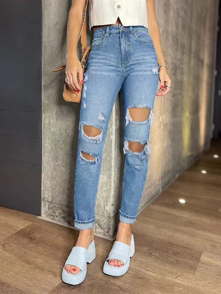 Summer New Casual Washed Street Style Women's Jeans Straight Leg Hole Punching Denim Pants Long Blue Color Fashion Ladies