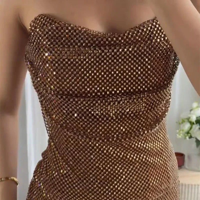 Stylish Rhinestones Dresses Elegant Women Sleeveless Backless Glitter Hip Package Dress 2025 New Crystal Lady Evening Party Robe