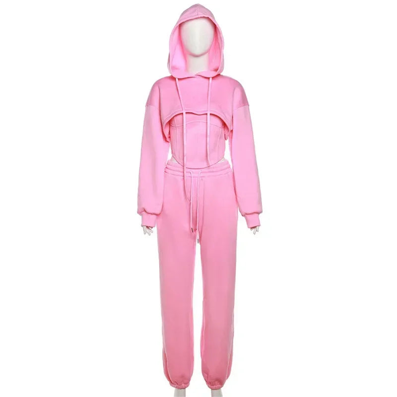 New Lace Up Pants Sets Women Slim Solid Splice Tank Tops Woman Long Sleeve Short Hoodies And Pant Suits Women Outfits Winter