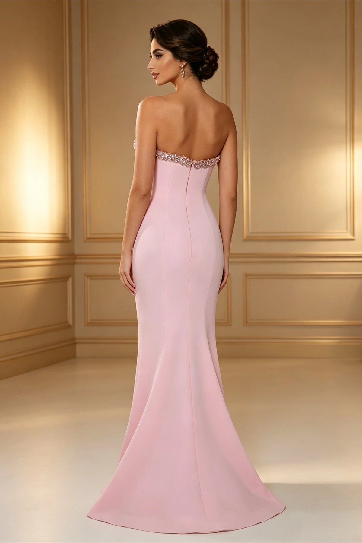 Customized Women's Pink Strapless Asymmetrical Crystal Embellished High Slit Fitted Mermaid Dress for Formal Wedding Guest Event