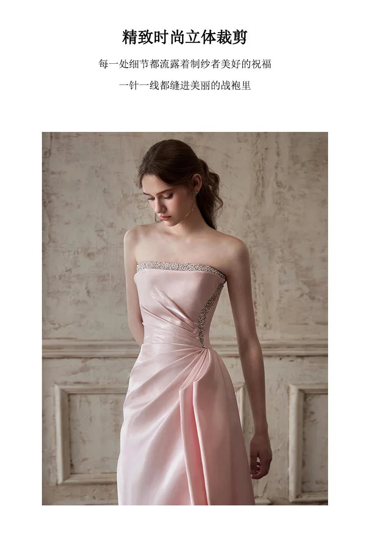 DEAT Fashion Pink Patchwork Sequined Strapless Dress Women's Slim Fit Waist Contraction Flods Floor-length Dresses New  7A2987