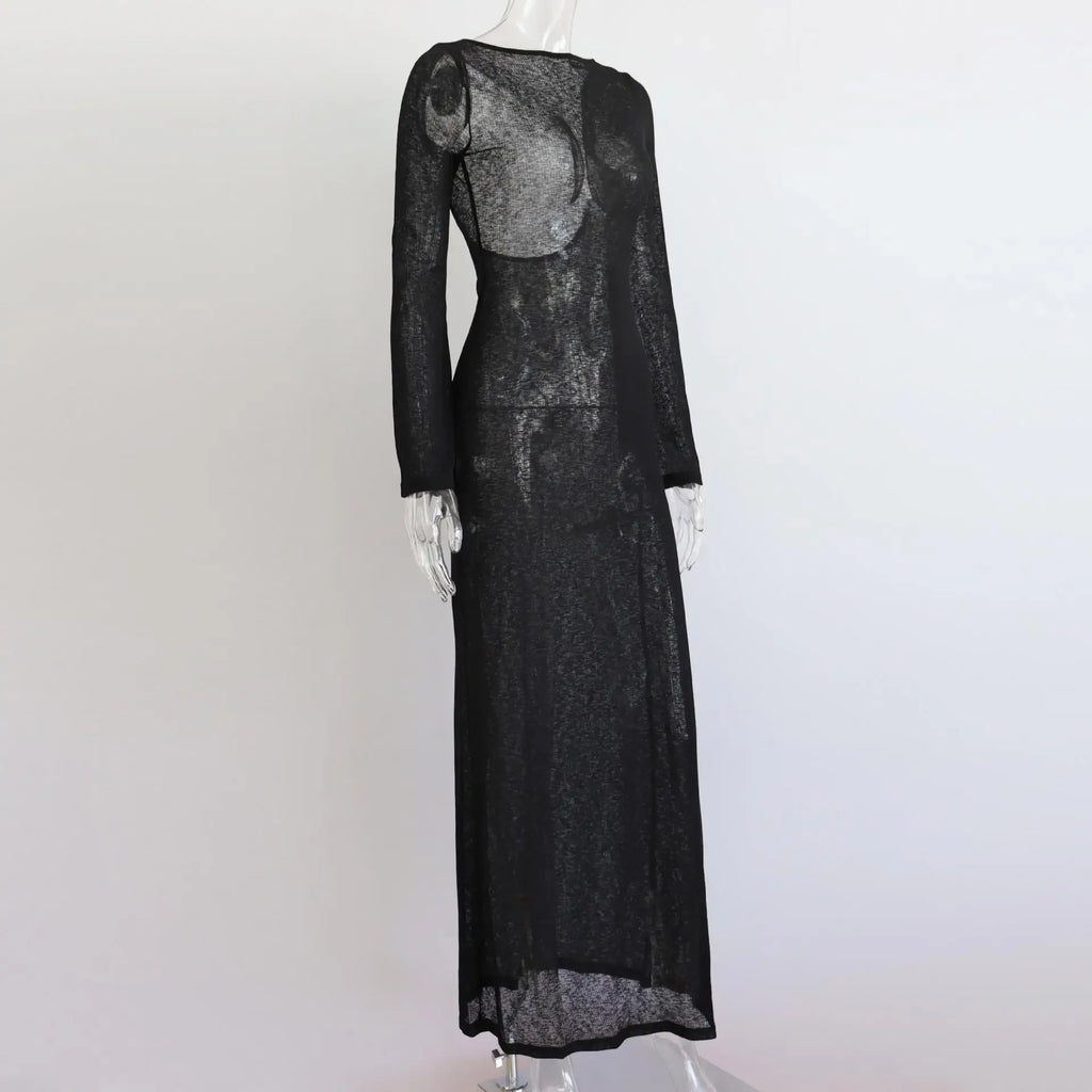 White Backless See-through Long Dress Women's Summer Slim High Waist Spliced Long Sleeve Solid Color Beach Long Dress