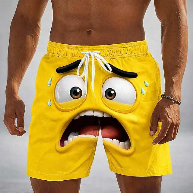 Men's Optical Illusion 3D Cartoon Smile Face Swim Trunks Swim Shorts Board Shorts Mid Waist Hawaiian Beach Shorts Vacation Wear