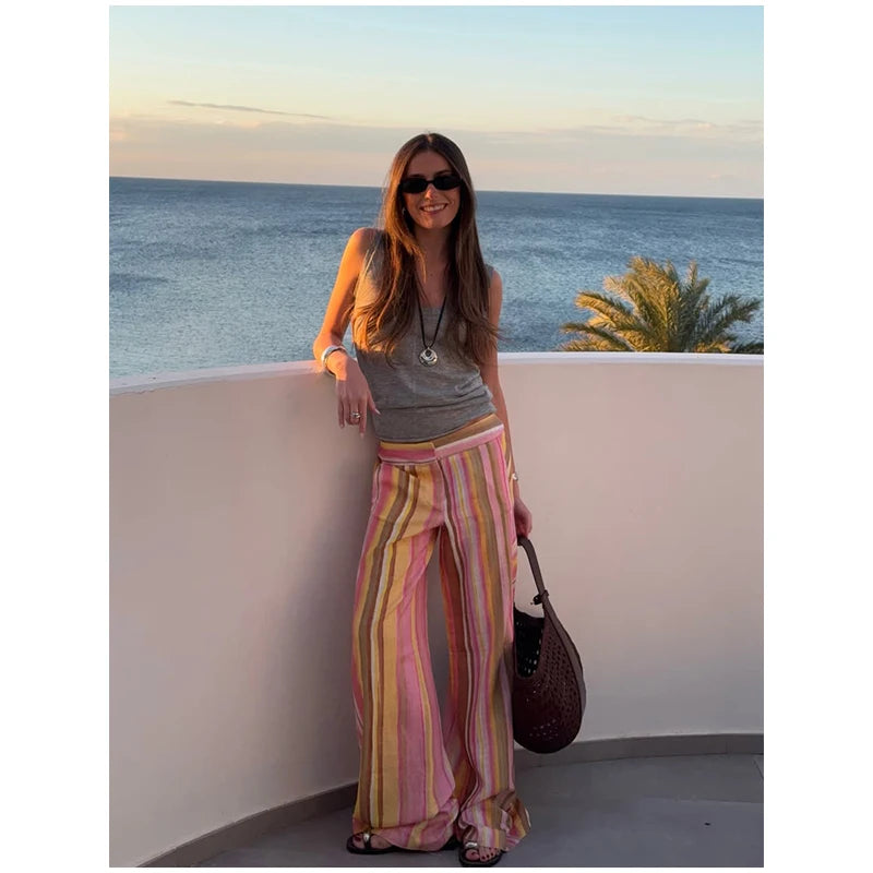 Women‘s Colorful Striped Pant New Summer Straight Multicolor Wide Leg Long Pants Casual Fashion Streetwear Female Outfit 2026