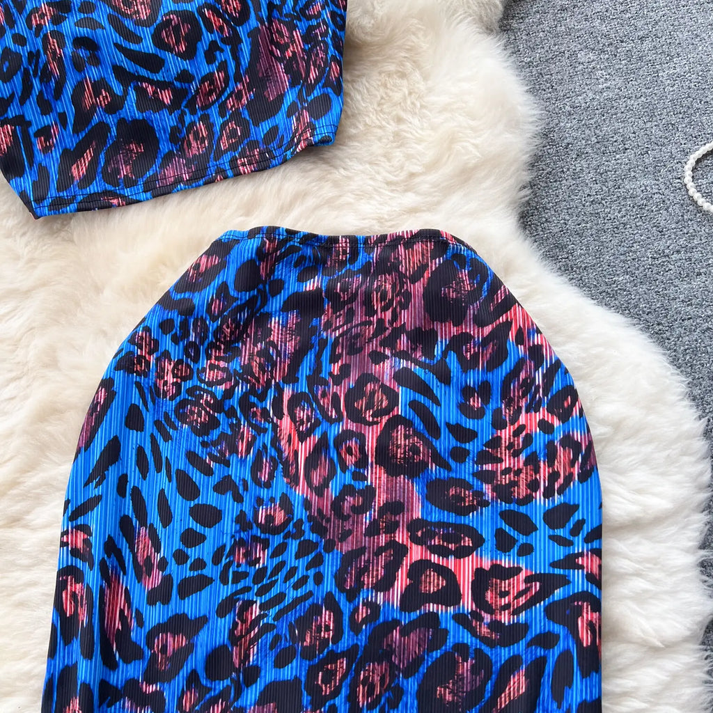 Retro Style Printed 2 Pieces Set for Women Fashion Summer Sleeveless Cropped Camis Top + Elastic Waist Bodycon Long Skirt Suits