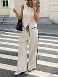 2026 New women Vest Top + Pant Suit Summer Women Contrast Color Sleeveless Single Breasted Vest + Drawstring Pants Two Peice Set