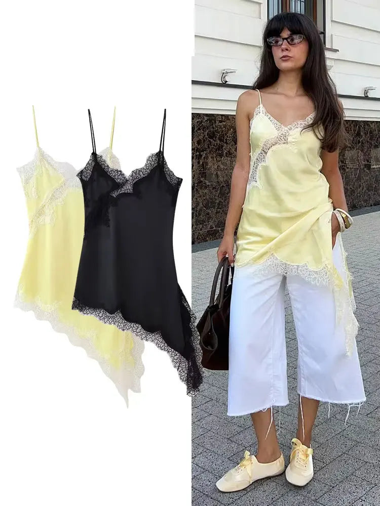 HH Female Summer Fashion Lace Splicing Dresses Solid Sleeveless Asymmetry Backless Slim Women's Sexy Party Sling Mini Dress