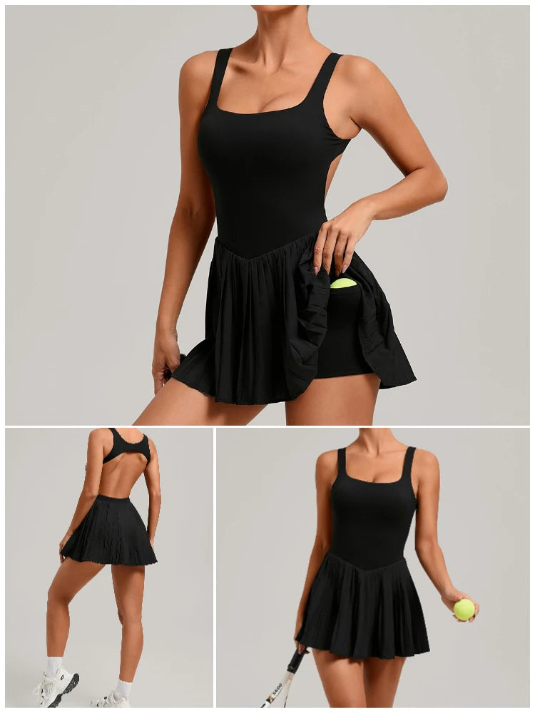 VITALINOVO Workout Tennis Dress with Built in Shorts Square Neck Padded Workout Dress with Pockets Golf Athletic Mini Dresses