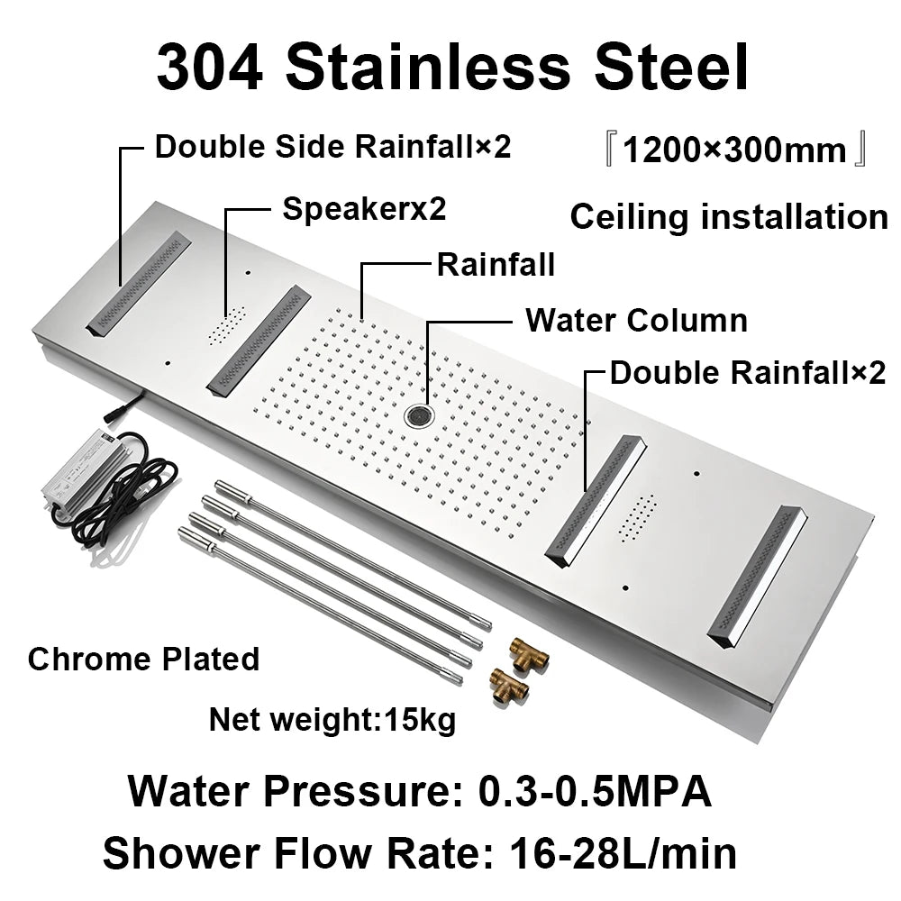 M Boenn 47*12 Inch LED lighting Large Black Shower Head Rainfall Bathroom Faucet Hot Cold Shower System Set Smart Showers Mixer