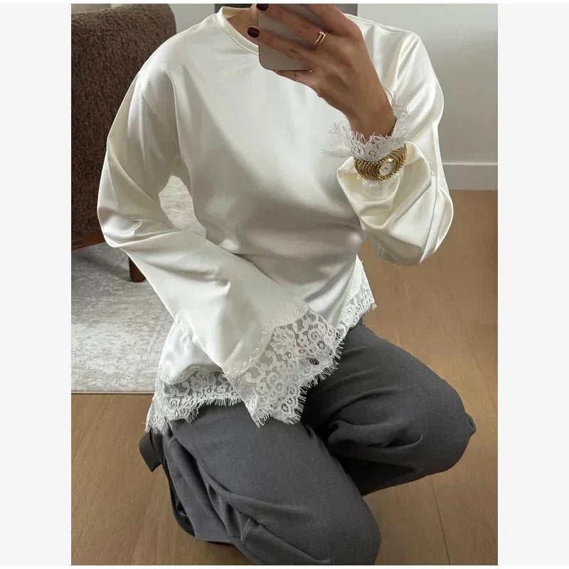 Elegant Satin Lace Patchwork Top Women Casual O-neck Loose Long Sleeves Strappy Female Shirt 2026 Spring Lady Fashion T-shirt