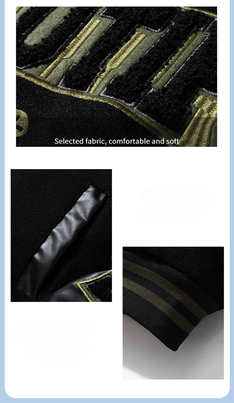 Vintage Letter Embroidered Baseball Jacket Cotton Coat Men's Winter Leather Sleeve Patchwork Woolen Thicken Overcoat