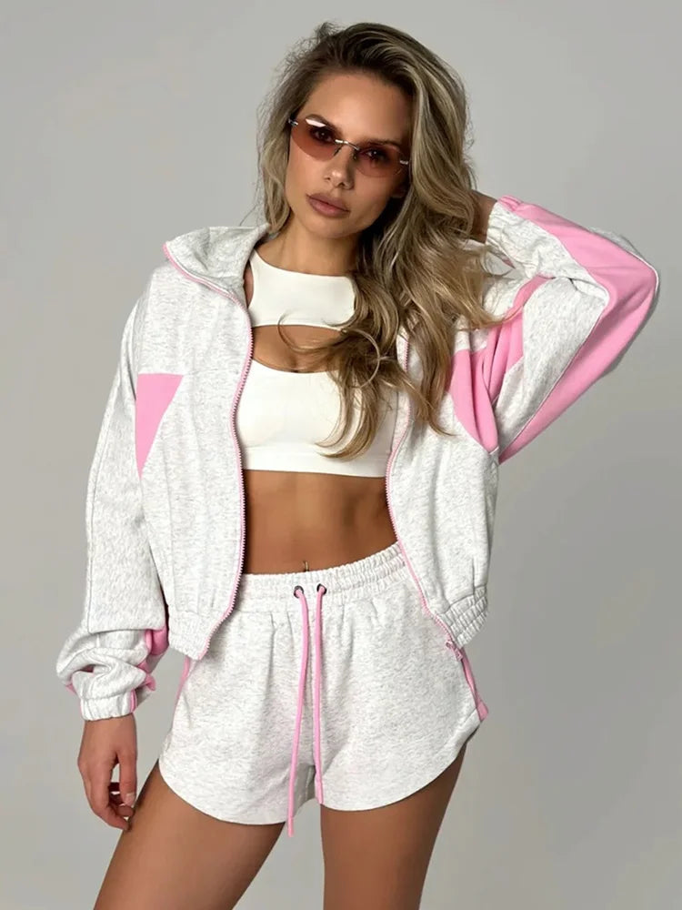 Lady'snavy Chevron Stripe Windbreaker Tracksuit Zip Cropped Jacket Contrast Trim Shorts 2026 Casual Sport Daily Jogging Street