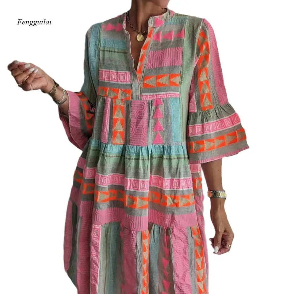 Colorful Boho Tiered Mini Dress with Bell Sleeves, V-Neck Geometric Embroidered Dress, Summer Beach Casual Dress