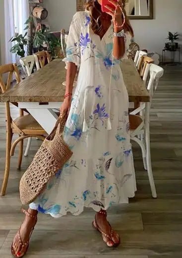 FALL Summer New 2026 Women's Casual Sweet Loose Sexy V-neck Drawstring Fashionable Printed Long Sleeved Boho Bohemian Dresses